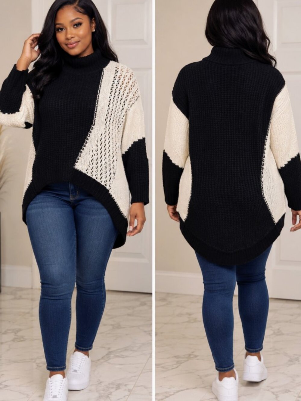 Elan Women's Black Cream Color Block Turtleneck Sweater Size S High Low Knit